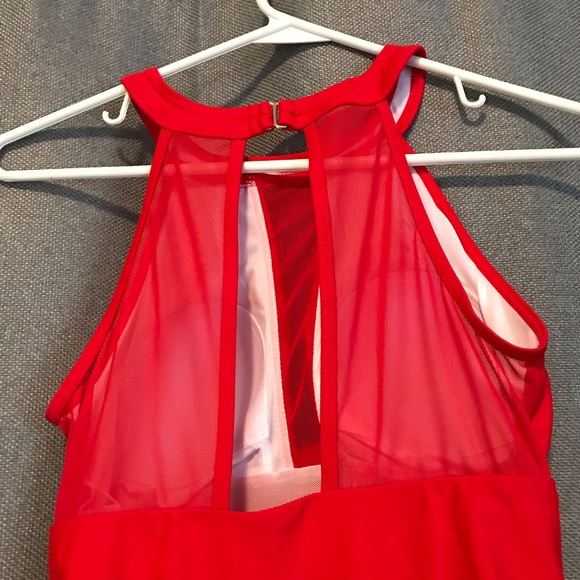 Chic High Neck Red One Piece Modest Swimsuit Halter Cutout Lined Full Coverage - Picture 5 of 7